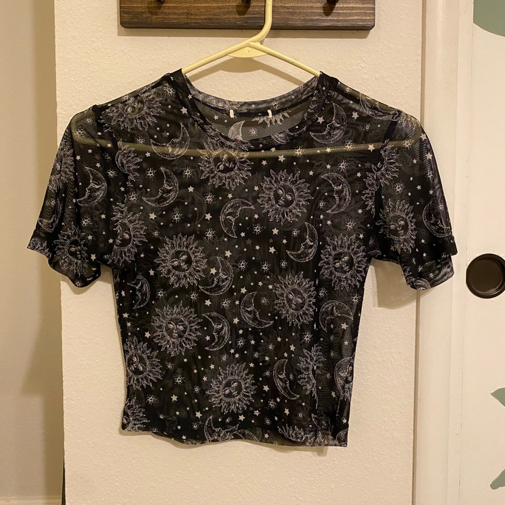 Black Celestial Print Mesh Top